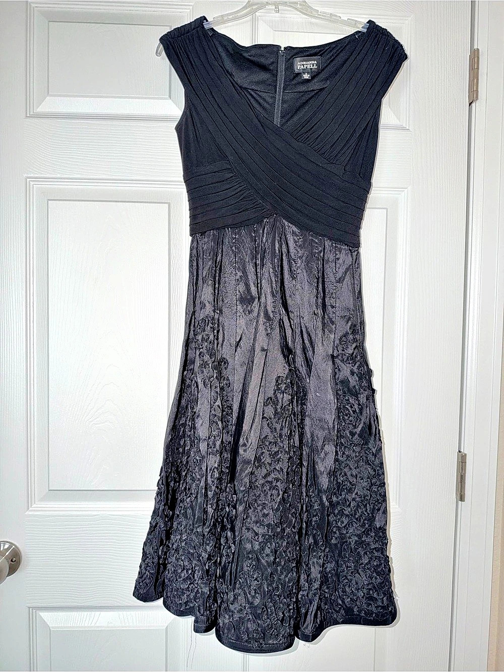 Adrianna Papell Black Pleated Lace Midi Dress Like New